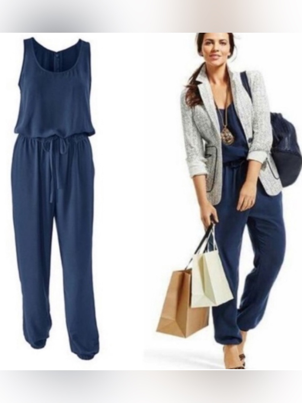 Cabi Women’s Size Small French Navy Jumpsuit Drawstring Waist Pockets Sleeveless